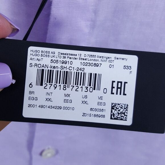 HUGO BOSS Shirt Mens XXL Purple Slim Fit Stretch Linen Chambray ROAN KEN $138 - Picture 4 of 10